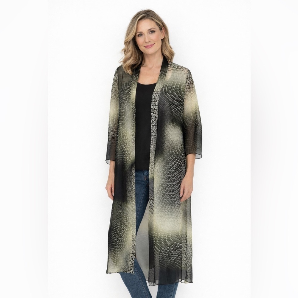 Frank Lyman Long Duster Kimono Sheer Topper Size 12 Green Black